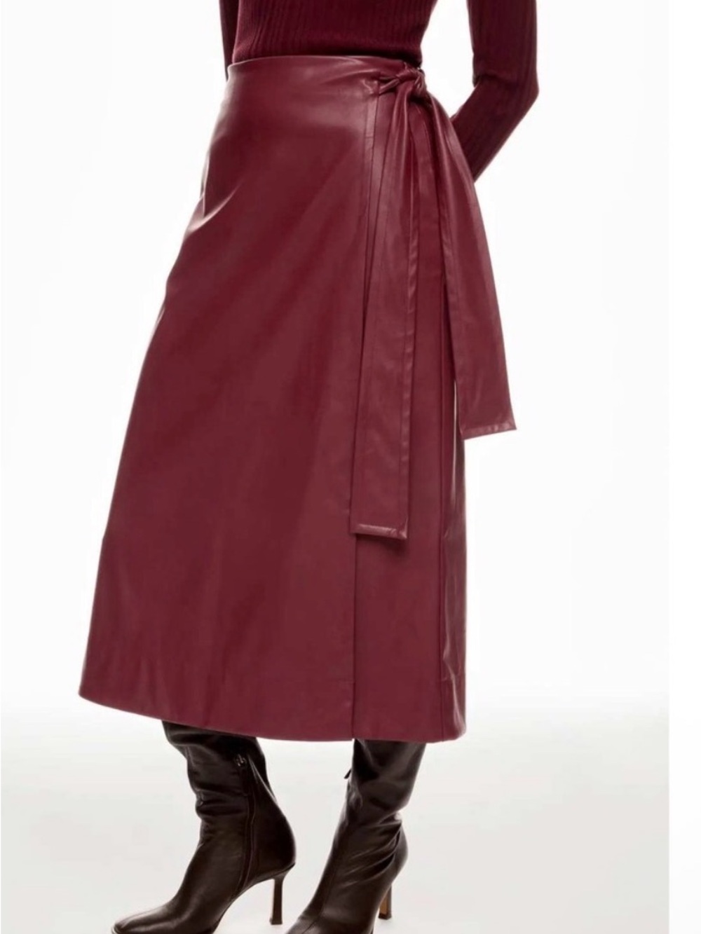 Toccin Faux Leather Wrap Midi Skirt — Wine size large